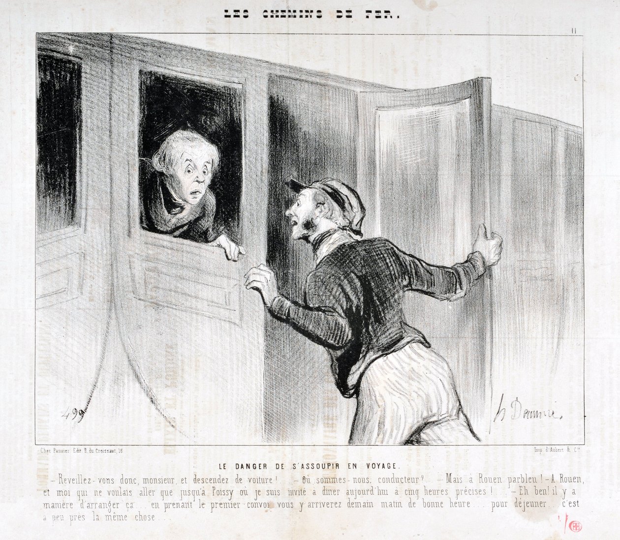 Kunstverk av Honore Daumier (1808-1879). Charivari stammer fra 1843: Serie LES RAILWAYS Faren for å sovne på en reise “” -Våkn opp Sir og gå av bilen! – Hvor kjører vi? - Men Rouen parbleu! – I Rouen og jeg som bare ville til Poiss av Honoré Daumier
