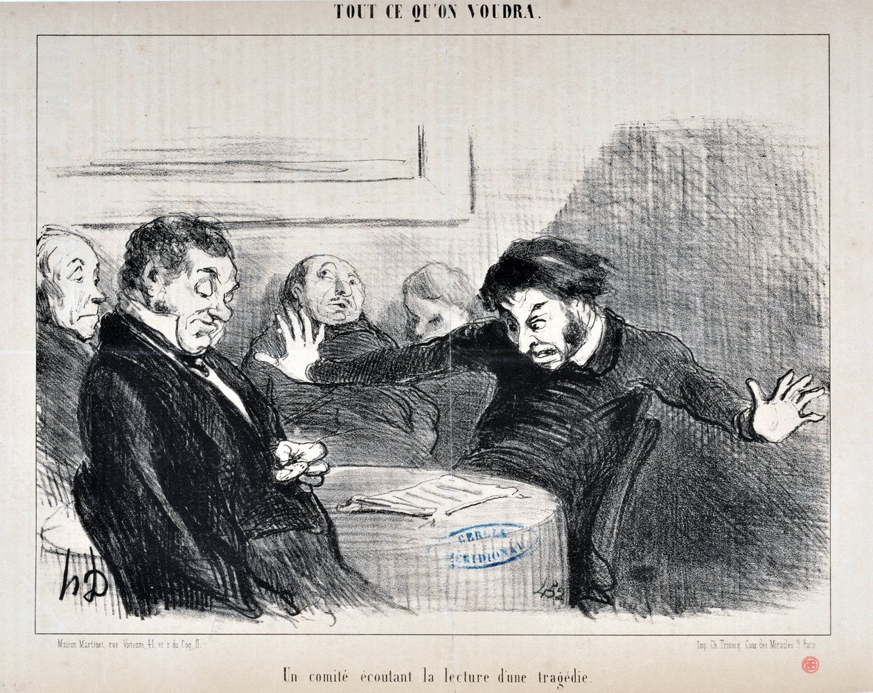 Kunstverk av Honore Daumier (1808-1879). Charivari er fra 1852: Serie ALL CE QU'ON VILUA "" -En komité som lytter til lesningen av en tragedie"" MUSEE DES BEAUX ARTS - PALAIS LONGCHAMP, MARSEILLE av Honoré Daumier