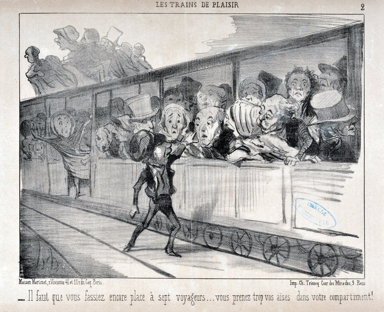Kunstverk av Honore Daumier (1808-1879). Charivari stammer fra 1852: Serie LES TRAINS DE PLEASURE - Du må få plass til syv passasjerer... du er for komfortabel i kupeen din! KUNSTMUSEUM - PALACE LONGCHAMP, MARSEILLE av Honoré Daumier
