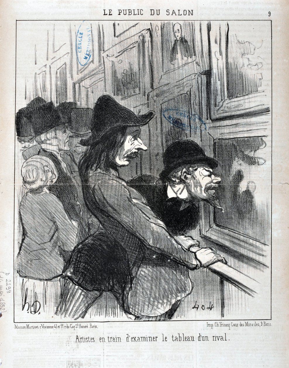 Kunstverk av Honore Daumier (1808-1879). Charivari er fra 1852: Serie LE PUBLIC DU SALON - "" Kunstnere undersøker maleriet til en rival"" MUSEE DES BEAUX ARTS - PALAIS LONGCHAMP, MARSEILLE av Honoré Daumier