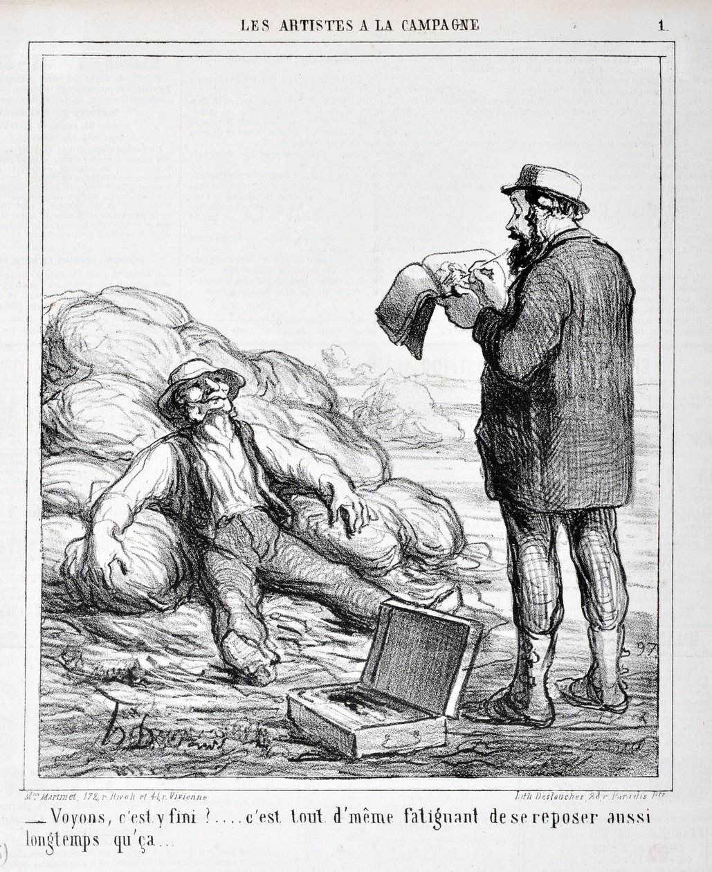 Kunstverk av Honore Daumier (1808-1879). Charivari stammer fra 1865: Serie LES ARTISTS IN THE CAMPAGNE "" - La oss se, er det over?... Det er fortsatt slitsomt å hvile så lenge det..." KUNSTMUSEUM - PALACE LONGCHAMP, MARSEILLE av Honoré Daumier