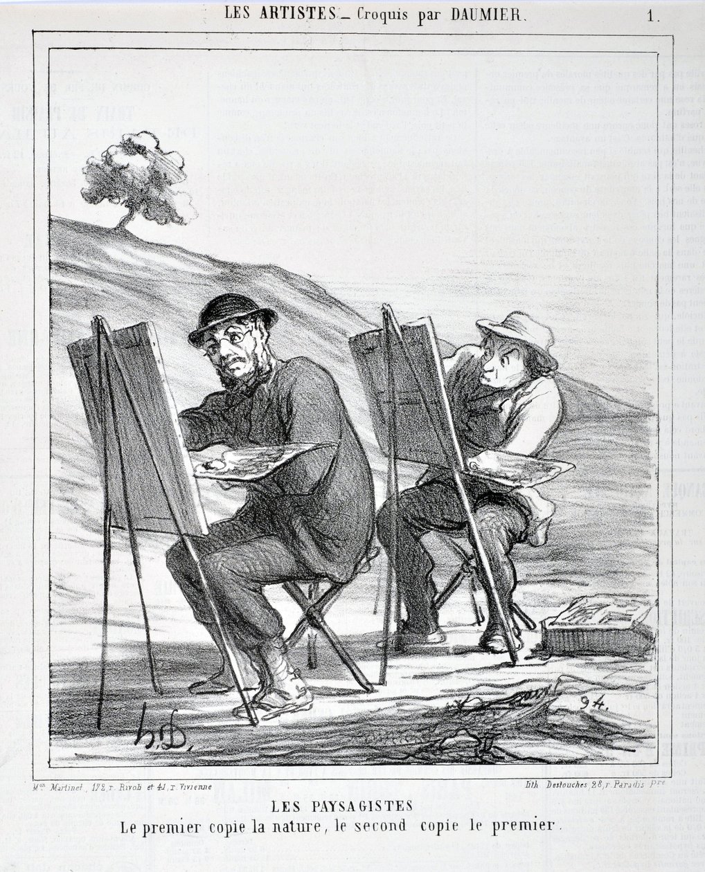 Kunstverk av Honore Daumier (1808-1879). Charivari er fra 1865: Serie LES ARTISTS Les paysagistes. "Den første kopierer naturen, den andre kopierer den første"" MUSEUM FOR BEAUTY ARTS - PALAIS LONGCHAMP, MARSEILLE av Honoré Daumier
