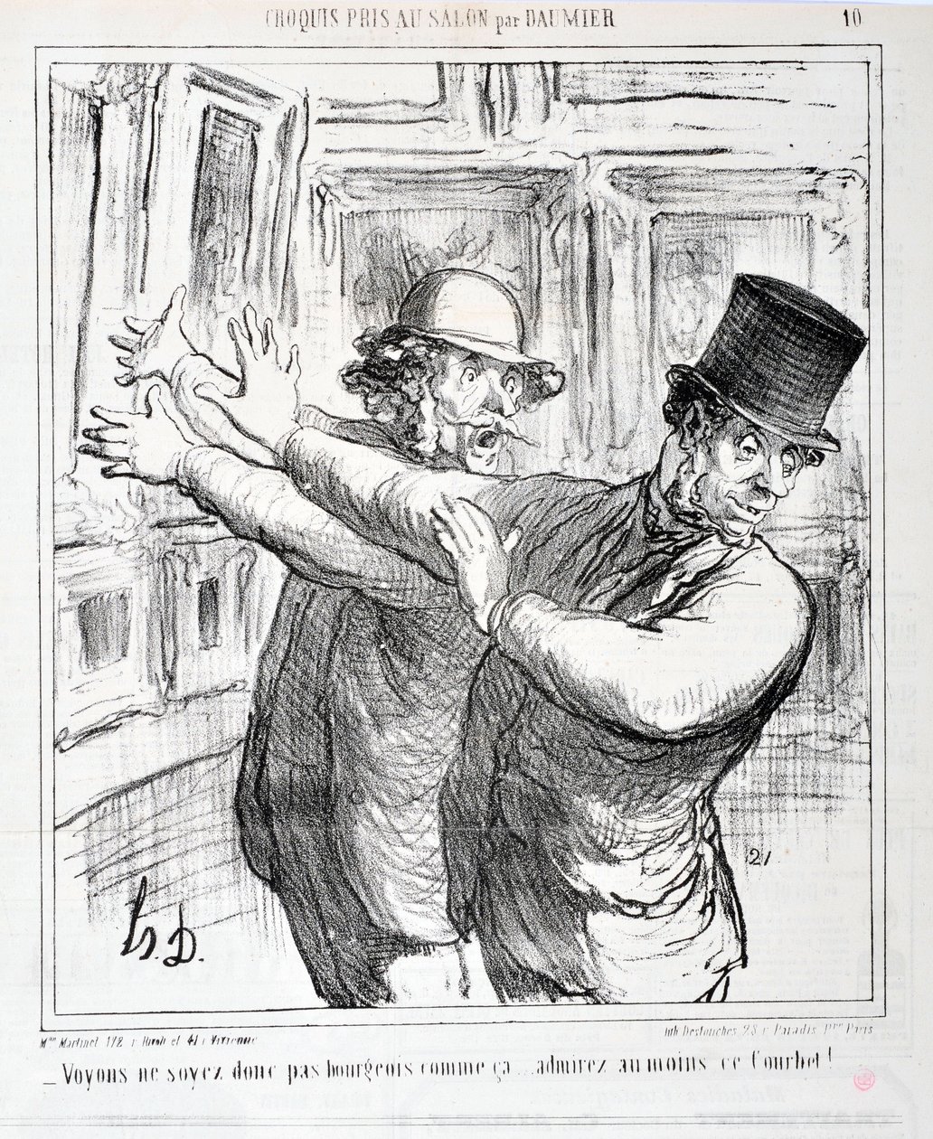 Kunstverk av Honore Daumier (1808-1879). Charivari er fra 1865: Serie Sketches Taken at the Salon “” -La oss ikke være borgerlige som dette... beundre i det minste denne Courbet! “” MUSEUM FOR FINE ARTS - PALACE LONGCHAMP, MARSEILLE av Honoré Daumier