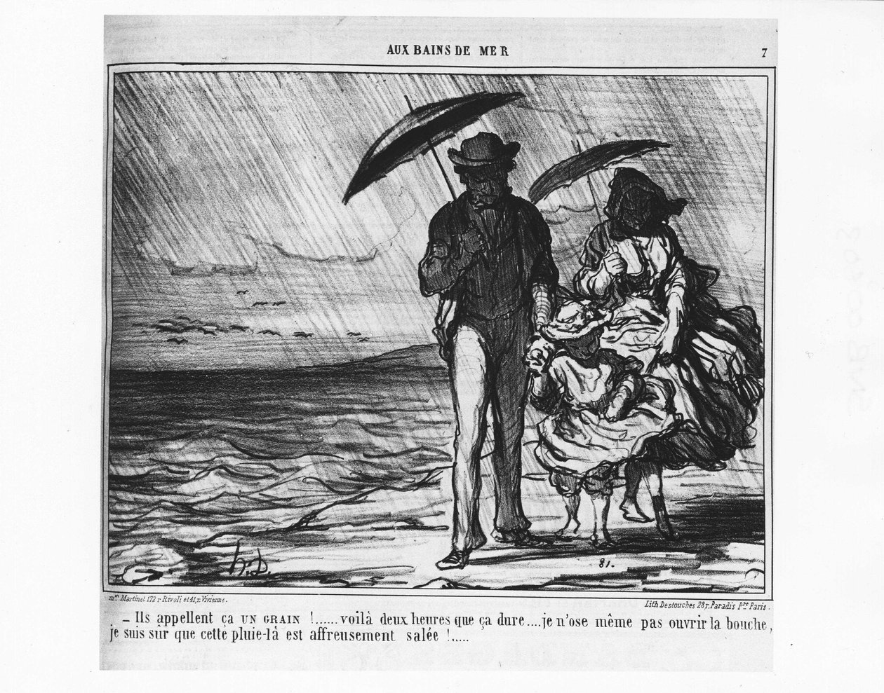 Ved sjøbadene: Parisere ved havet i øsende regn - av Daumier, i "" Charivari"" av 19.09.1859. av Honoré Daumier