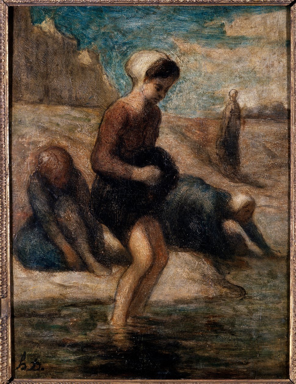 Ved vannkanten Ung kvinne som frykter å trenge ned i vannet. Maleri av Honore Daumier (1808-1879) 1800-tallets søn. 0,33x0,24 m Troyes, museum for moderne kunst av Honoré Daumier