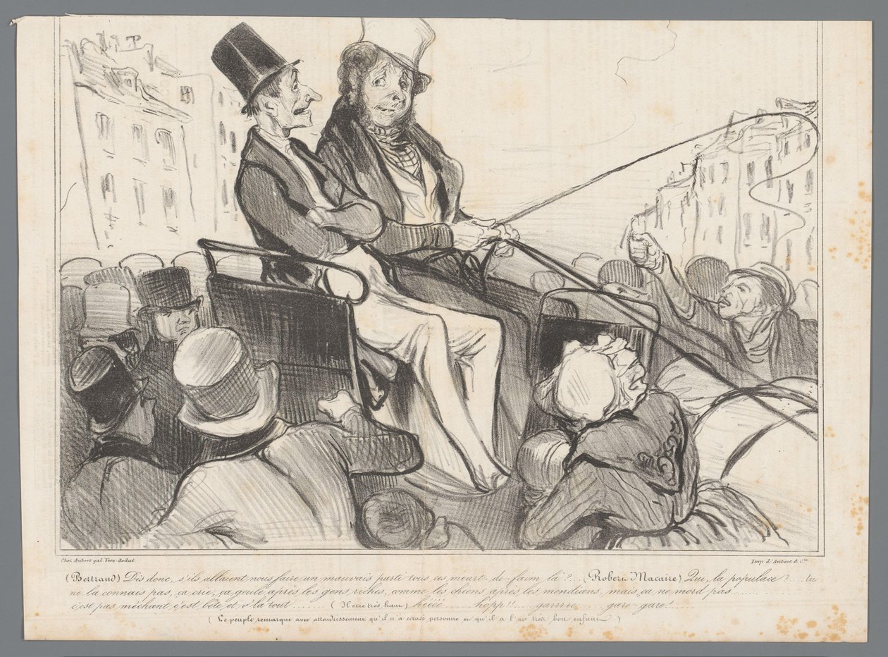 Bertrand og Robert-Macaire i en vogn omgitt av mennesker av Honoré Daumier
