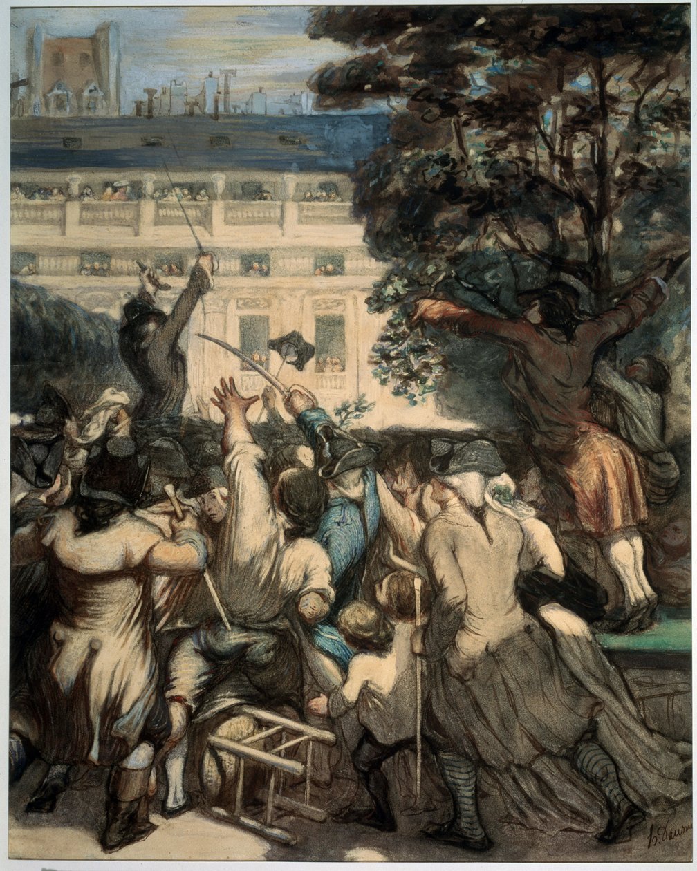 ""Camille Desmoulins (1760-1794) harrangerer patriotene i hagene til det kongelige palasset"" Første scene av den franske revolusjonen i Paris: 07.12.1789, etter avskjedigelsen av Jacques Necker av kongen, har Camille Desmoulins haranger. publikum på det k av Honoré Daumier