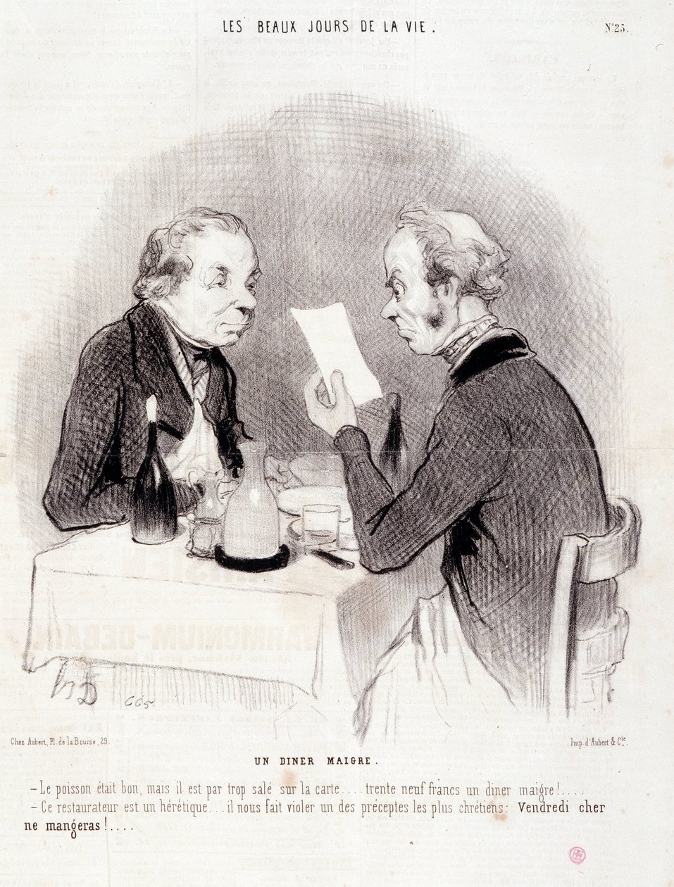 Tegneserie om kjære liv. Serien "" The Beautiful Days of Life"": En mager middag..." Gravering av Honore DAUMIER (1808-1879). Utdrag fra avisen "" Le Charivari"" 18. oktober av Honoré Daumier