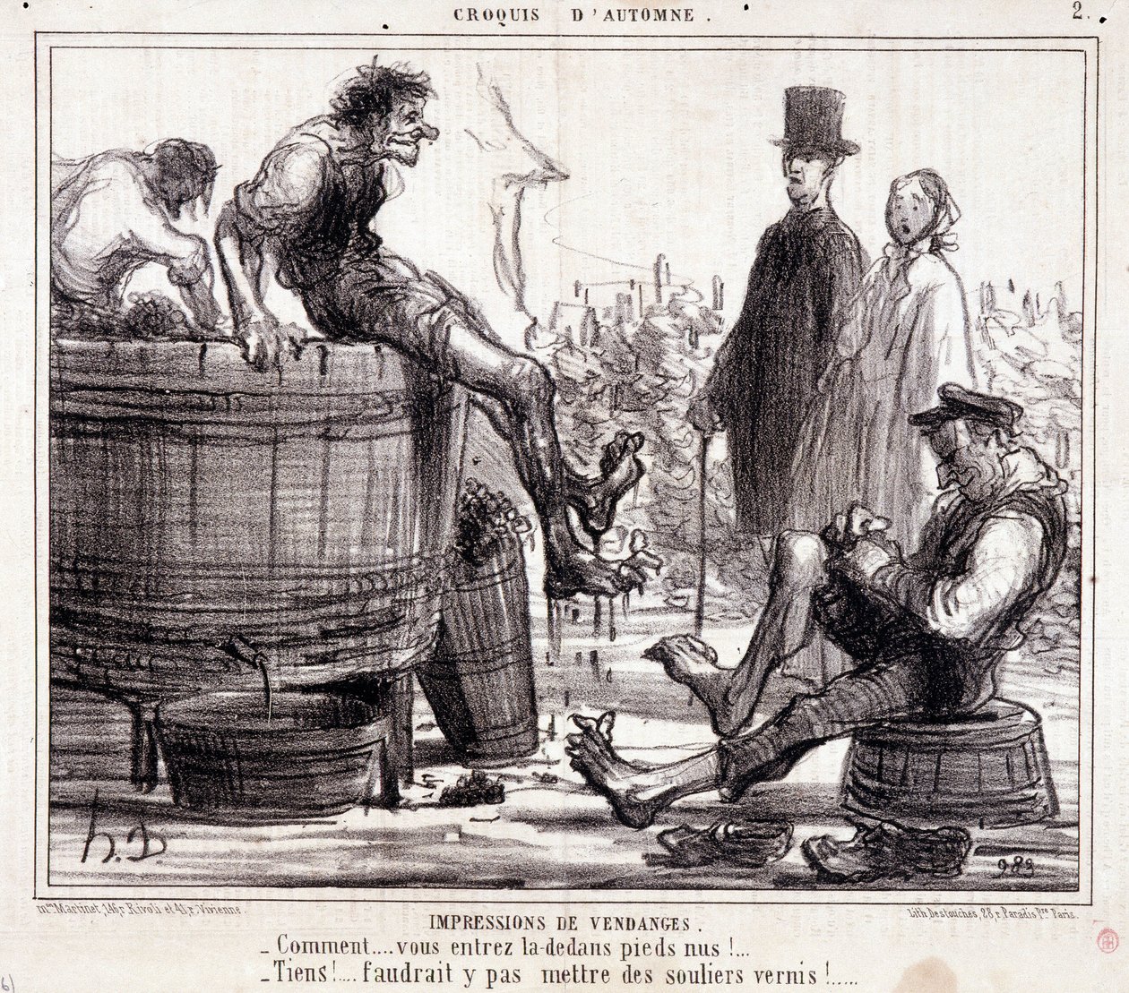 Tegneserie om hogstmaskiner som tråkker på barbeinte druer, fra serien "Autumn Sketch" av Honoré Daumier