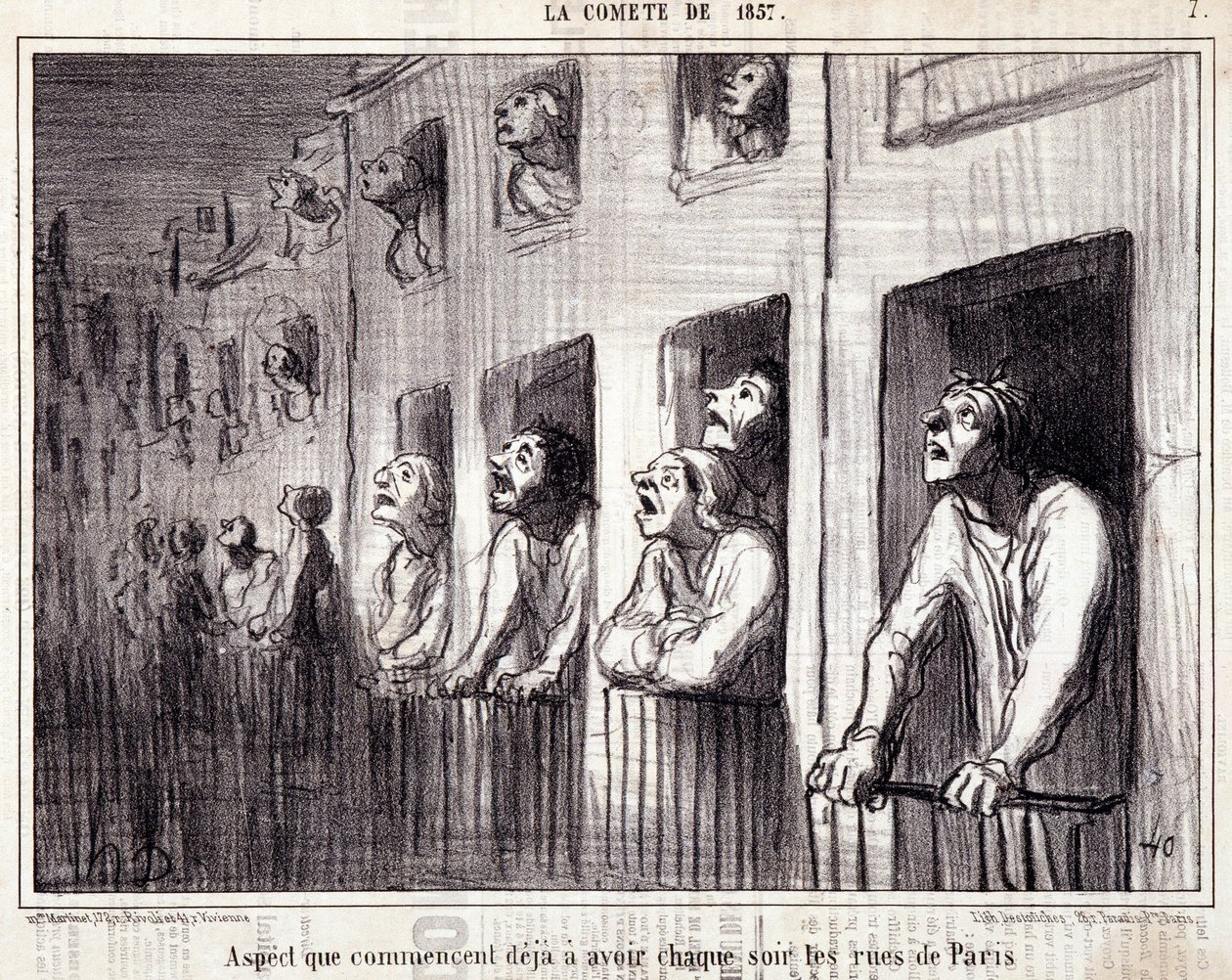 Tegneserie om vitenskap. Serie Sur “” la Comete de 1857””: “” Aspekt som allerede begynner å ha hver natt i Paris gater””. Gravering av Honore DAUMIER (1808-1879). Utdrag fra avisen "" Le Charivari"". Mål 38x25cm. Inv D - boks 7 Marseille, av Honoré Daumier
