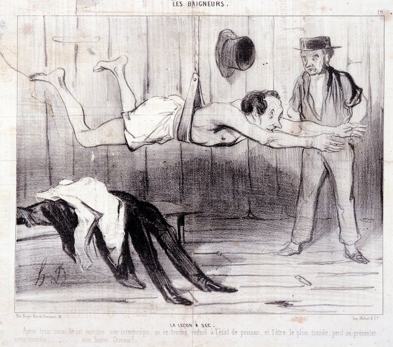 Tegneserie om turister på ferie. Serien "" Les Baigneurs"": "" La lecon a dry""". Serien "" Les Baigneurs"": "" La lecon a dry""". Gravering av Honore DAUMIER (1808-1879). Utdrag fra avisen "" Le Charivari"". Dim 25x36cm boks 12 Marseille, Musee av Honoré Daumier