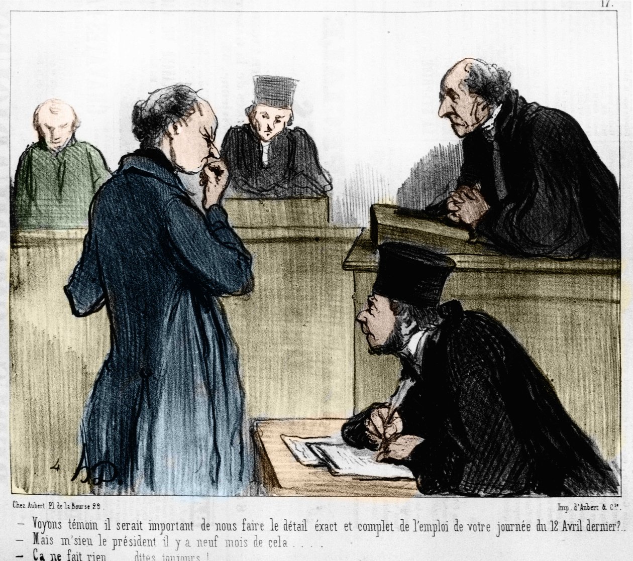 Tegneserie av Daumier: Serie "" Les Gens de justice"" publisert i "" Charivari"" av 04/03/1846. Å høre et vitne. av Honoré Daumier