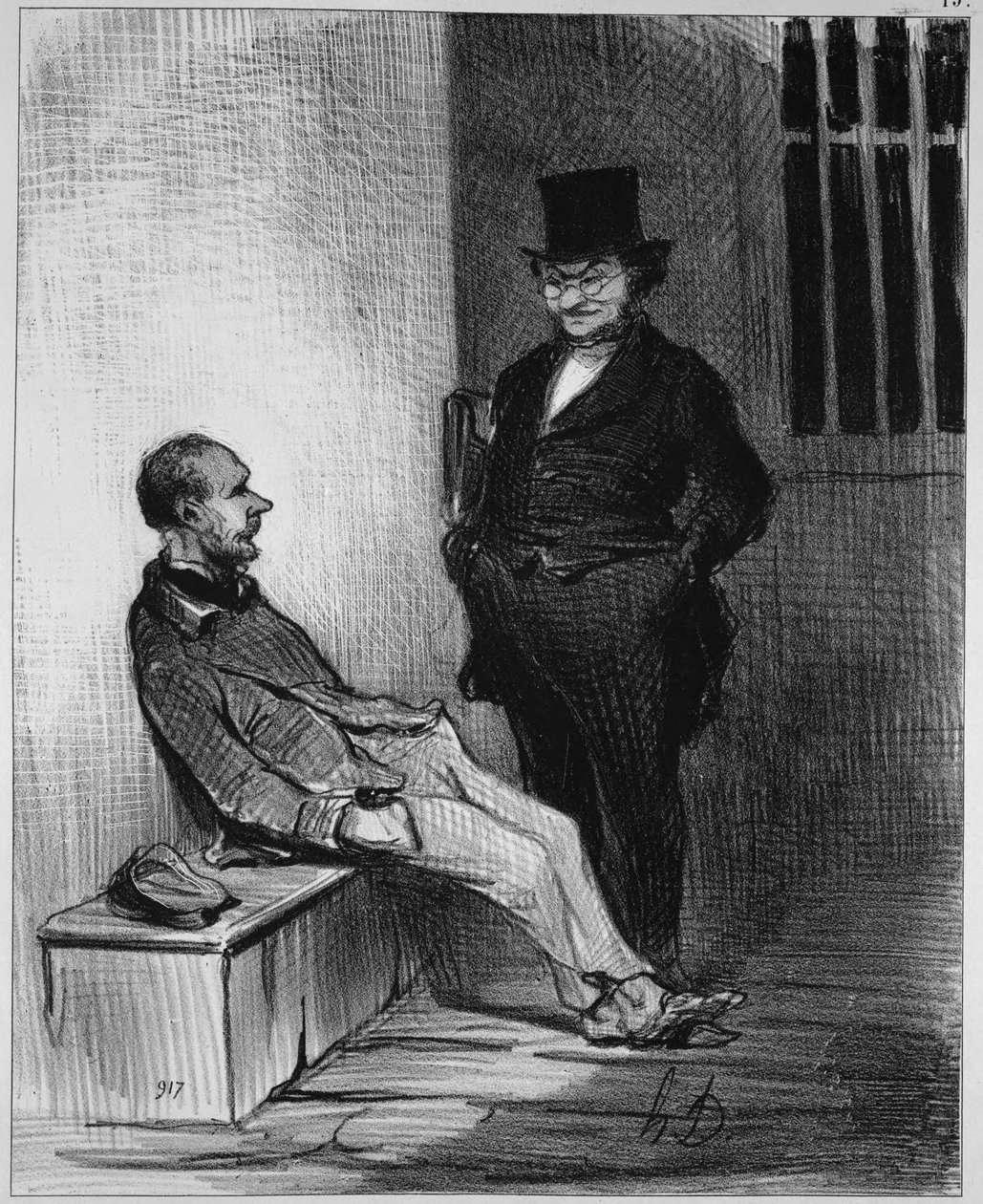 Det som plager meg, er at jeg er anklaget for tolv tyverier!... Det er tolv... så mye bedre... jeg skal påberope meg monomani!... av Honoré Daumier