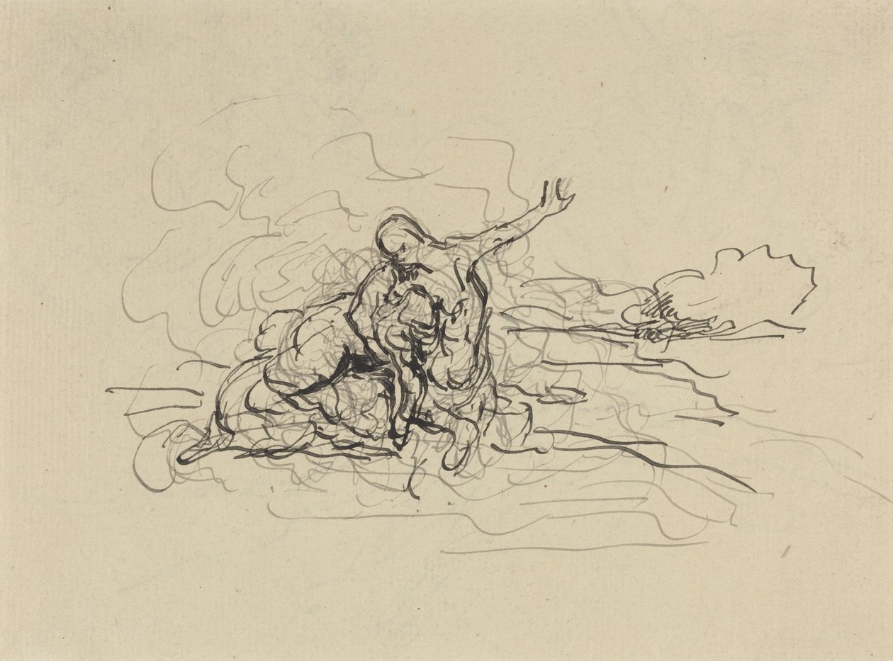 Kentaur bærer bort en kvinne (penn og svart blekk med overtrukket fargestift på liggende papir) av Honore Daumier