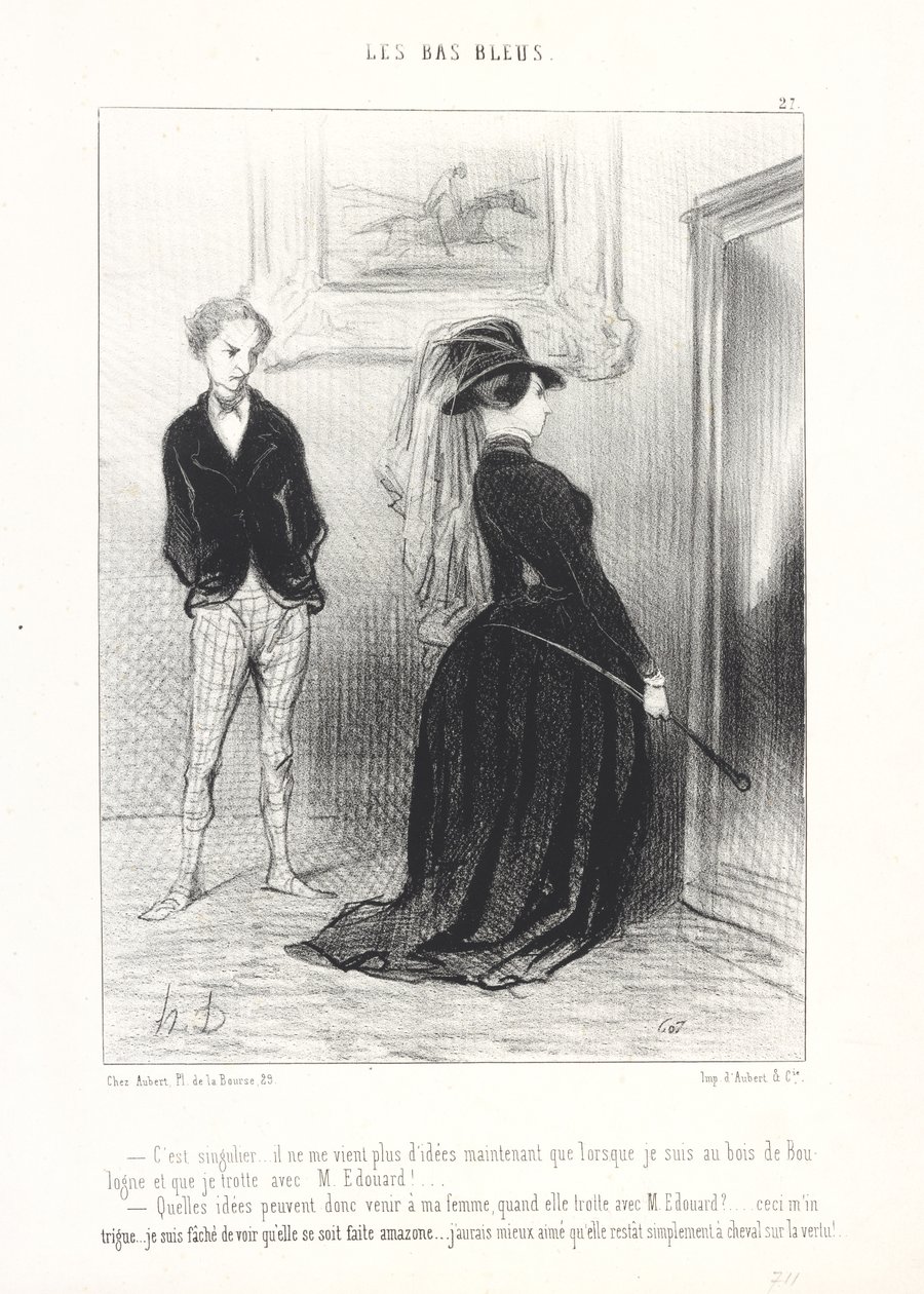 «Det er merkelig ... nå får jeg bare ideer når jeg er i Bois de Boulogne og traver med herr Édouard! ... Hvilke ideer kan vel falle min kone inn når hun traver med herr Édouard? ... Dette uroer meg ... jeg er sint.» av Honoré Daumier