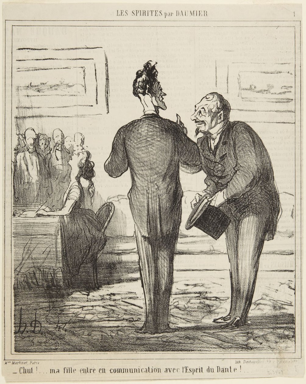Hysj...! Datteren min kommer i kontakt med Dantes ånd!, nummer 1 fra serien Spiritistene fra Le Charivari av Honoré Daumier