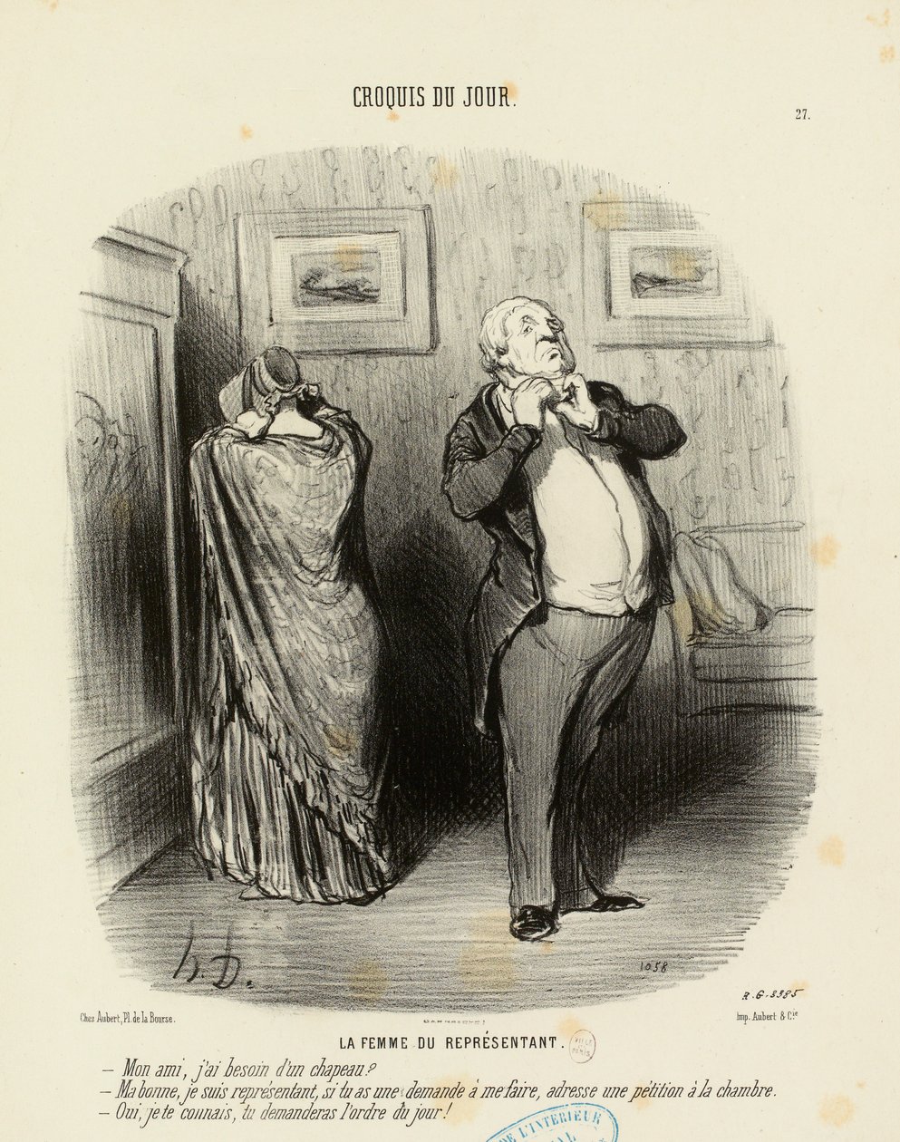 Croquis du Jour nr. 27: Representantens kone. - Min venn, trenger jeg en hatt? av Honoré Daumier