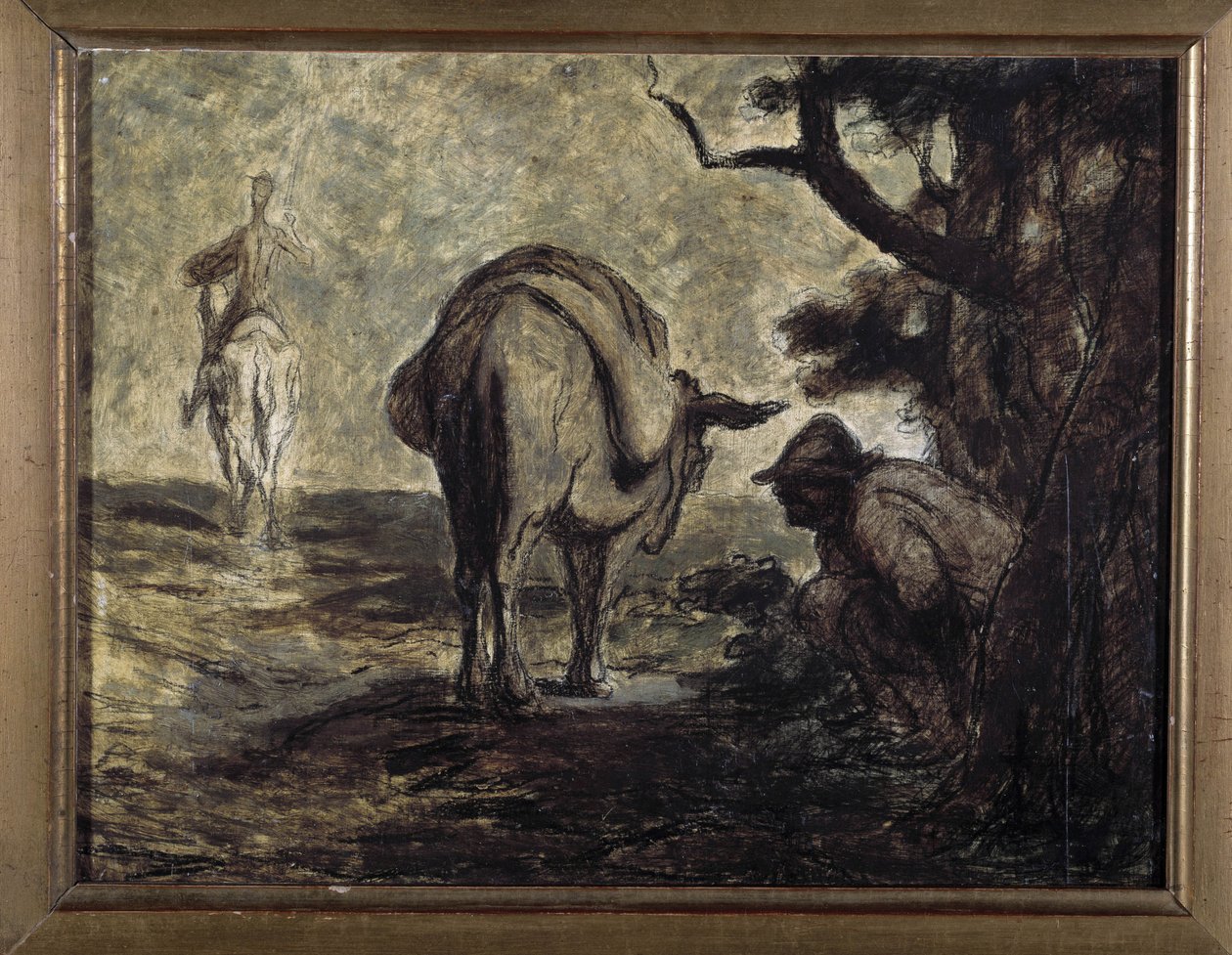 Don Quijote og Sancho Panza. Illustrasjon fra romanen av Miguel Cervantes Don Quixote de la Mancha (Den geniale Hidalgo Don Quixote de la Mancha). Maleri av Honore Daumier (1808-1879). Olje på lerret. Sol. 24x31 Musee des Beaux Arts, Palais Longchamp av Honoré Daumier
