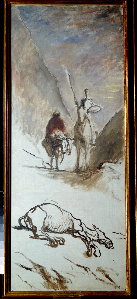 Don Quijote og det døde muldyret Illustrasjon fra romanen til Miguel Cervantes "Don Quijote de la Mancha" (El ingenioso Hidalgo Don Quijote de la Mancha). Maleri av Honore Daumier (1808-1879). 1800-tallets søn. 1,32x0,54 m . av Honoré Daumier