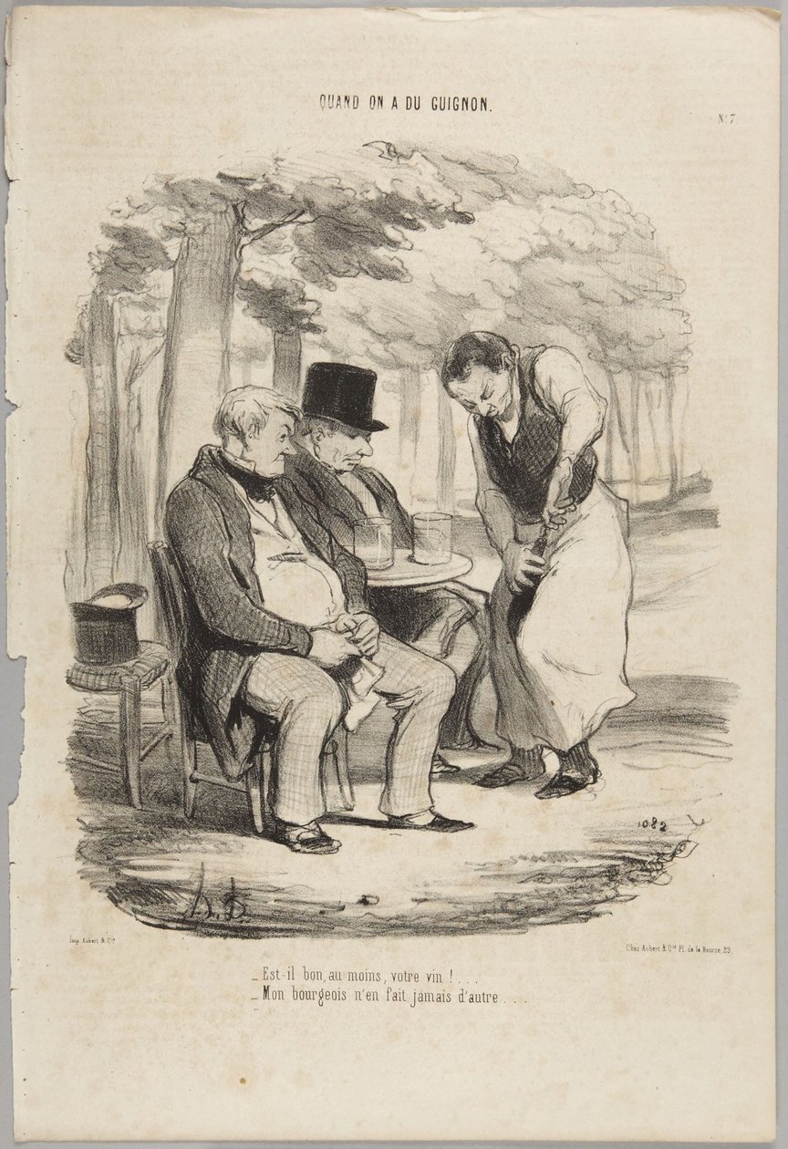 Er vinen Deres i det minste god!... Nummer 7 fra serien Når man har uhell fra Le Charivari av Honoré Daumier