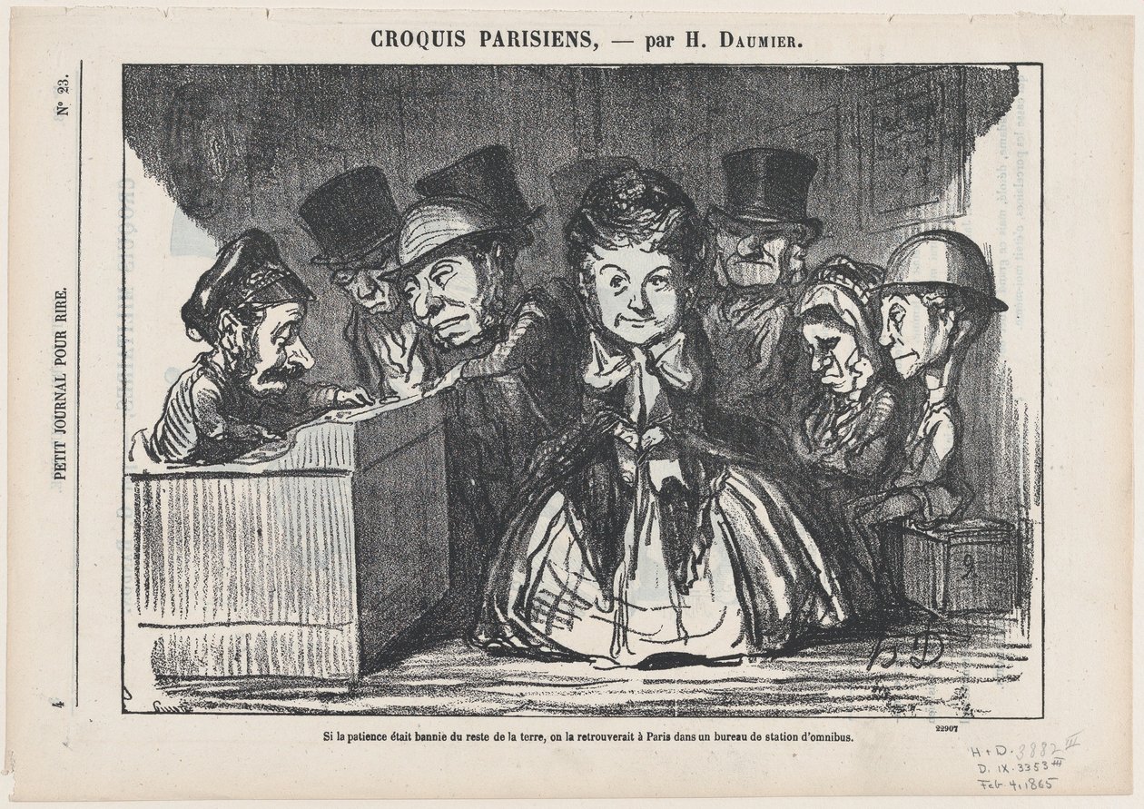 Hvis tålmodigheten hadde forsvunnet fra hele verden, ville man sikkert finne den igjen på en busstasjon i Paris, fra «Parisiske skisser» av Honoré Daumier