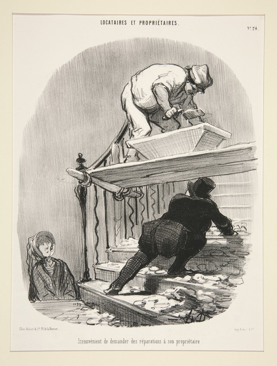 Ulempen ved å be utleieren om reparasjoner, plansje 24 fra serien «Leietakere og utleier» av Honoré Daumier