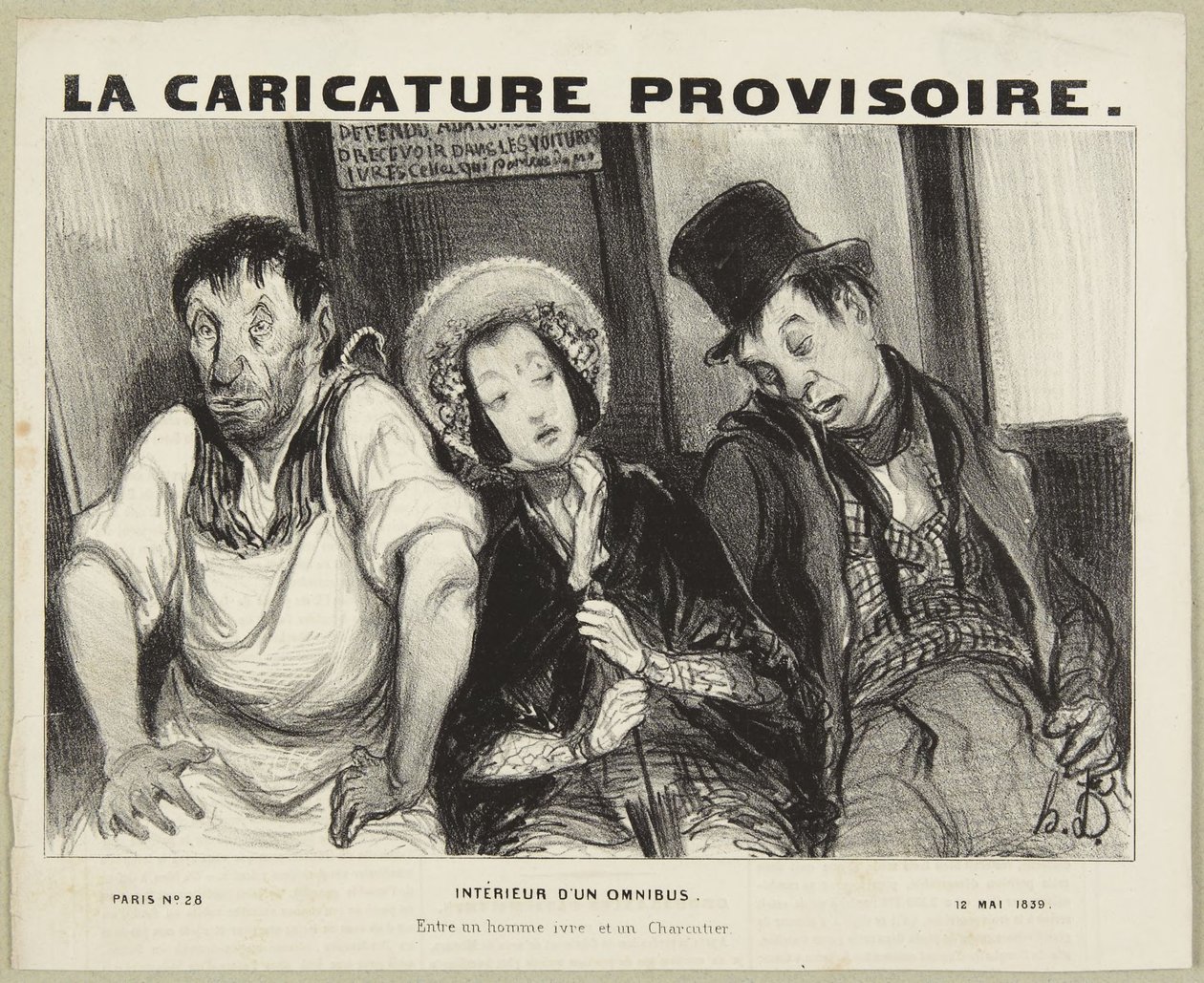Interiør i en omnibus, fra serien «Parisiske typer» fra La Caricature Provisoire av Honoré Daumier