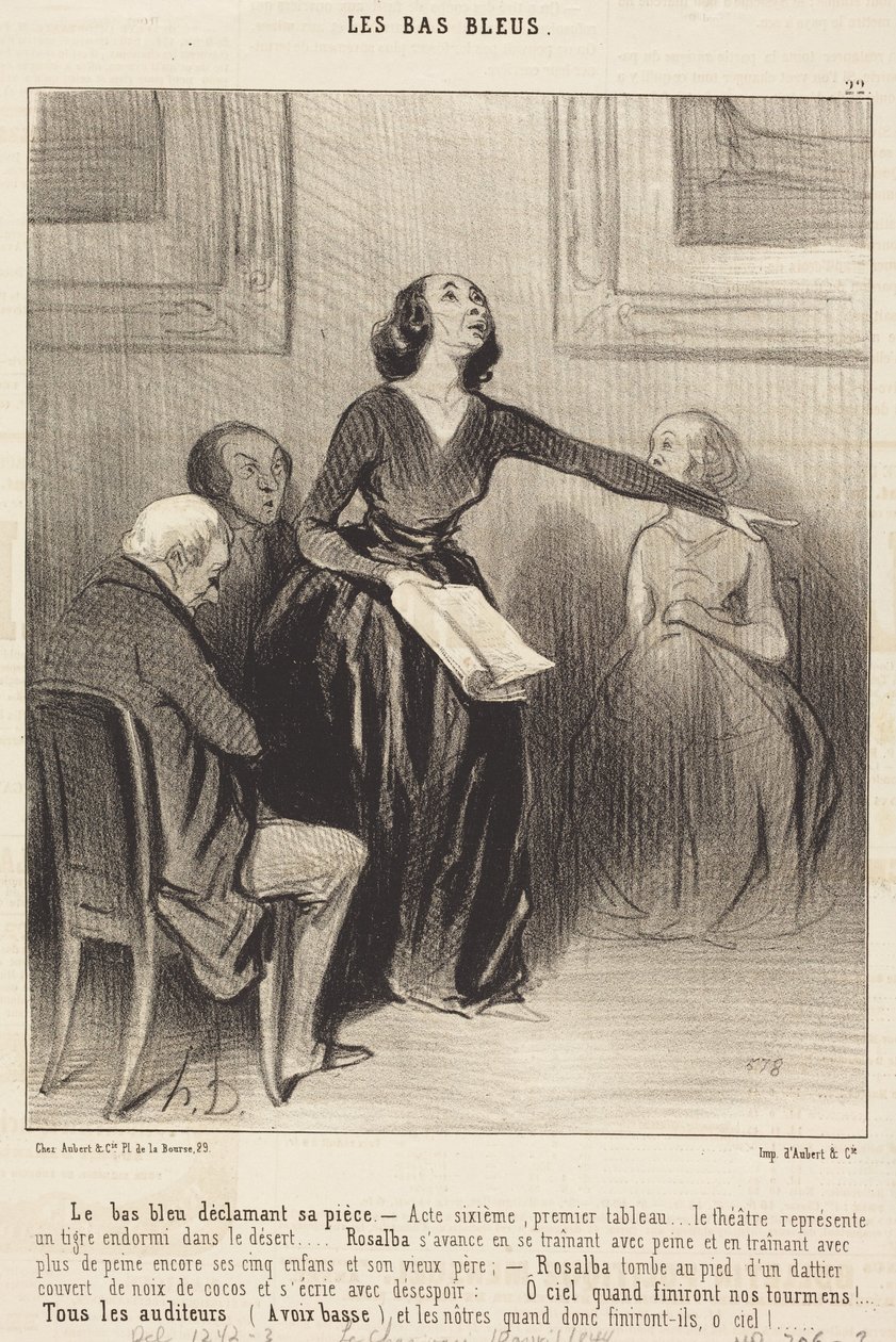 Blåstrømpen som deklamerer stykket sitt av Honoré Daumier