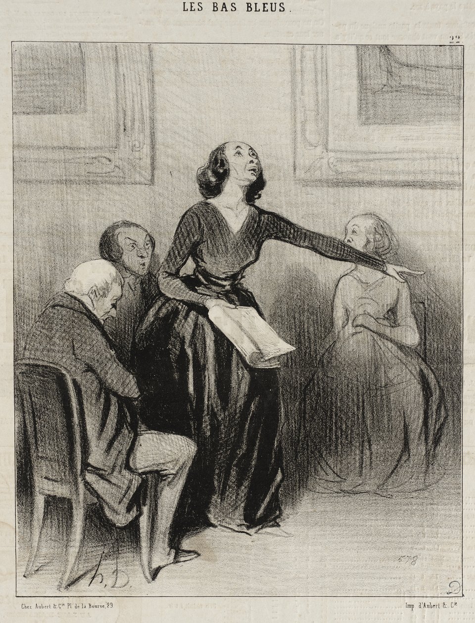 Blåstrømpen som deklamerer stykket sitt av Honoré Daumier