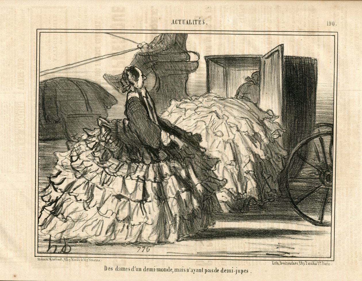 Le Charivari, satirisk i B&B, ca. 1855_5_11: Nyheter n* 190. Damer av en demi-monde, men ikke skjørt. - Mote, transport, crinolines - illustrasjon for kvinner av Honore Daumier (1808-1879) av Honoré Daumier