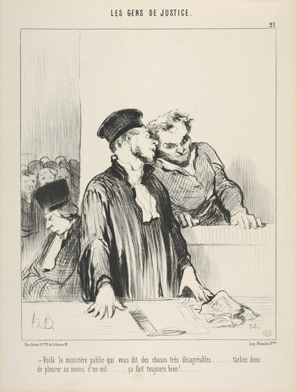 Rettens folk, plate 21, «Der er påtalemyndigheten som sier svært ubehagelige ting til Dem» av Honoré Daumier