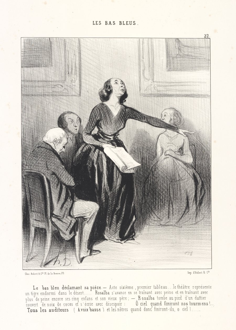 Den lærde kvinnen som framfører stykket sitt, plansje 22 fra serien De lærde kvinnene i tidsskriftet Le Charivari av Honoré Daumier