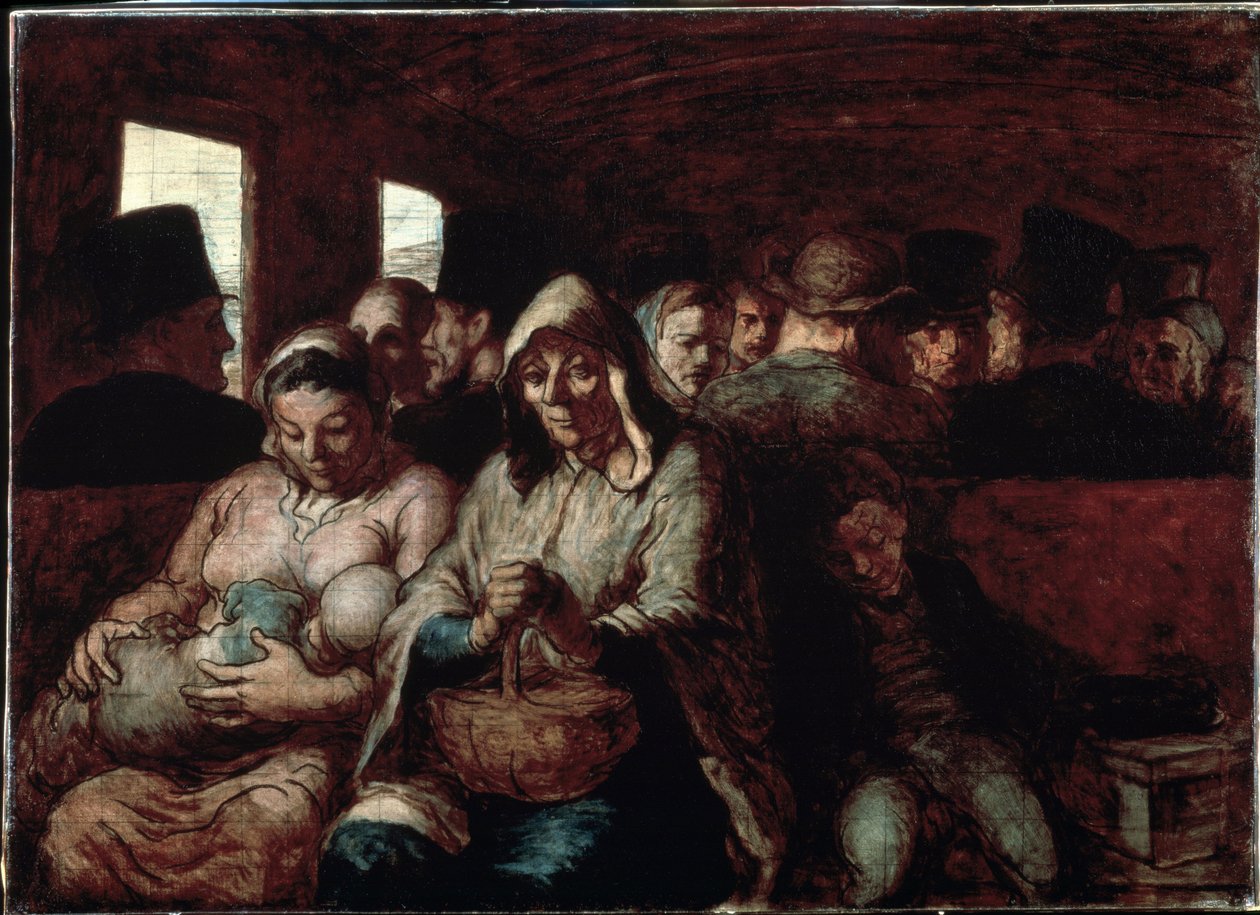 ""The Third Class Wagon"" (A Wagon of the Third Class) To mødre av populær sosial opprinnelse, i et tog med barna sine. Maleri av Honore Daumier (1808–1879) 1862–1864 Museum of Fine Arts, Ottawa, Canada av Honoré Daumier