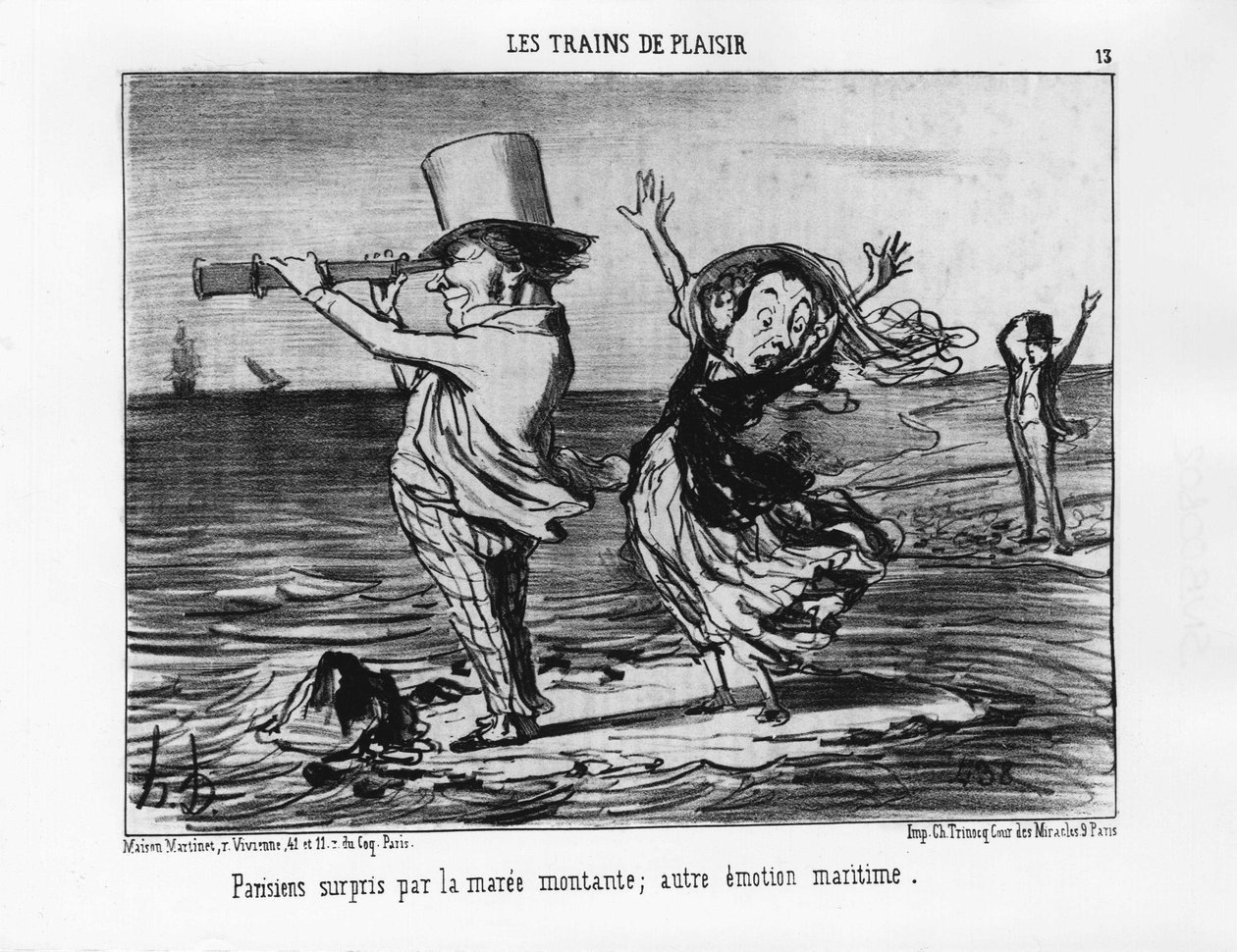 Pleasure Trains: Parisere overrasket over det stigende tidevannet; andre maritime følelser - av Daumier "" Les chemins de fer"", i "" Charivari"" av 18.09.1852. av Honoré Daumier