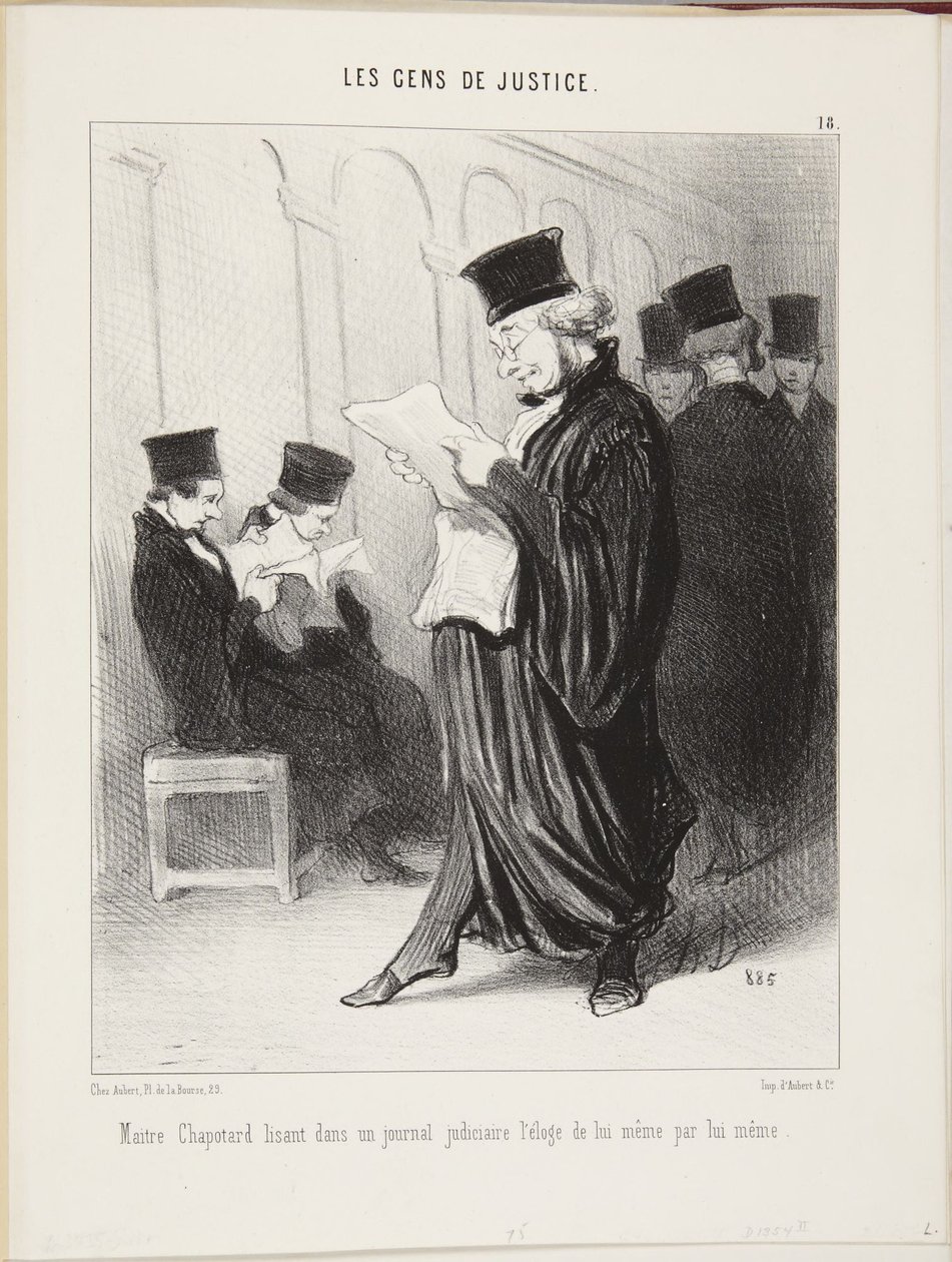 Mester Chapotard leser i en rettsavis en lovprisning av seg selv, skrevet av ham selv av Honoré Daumier