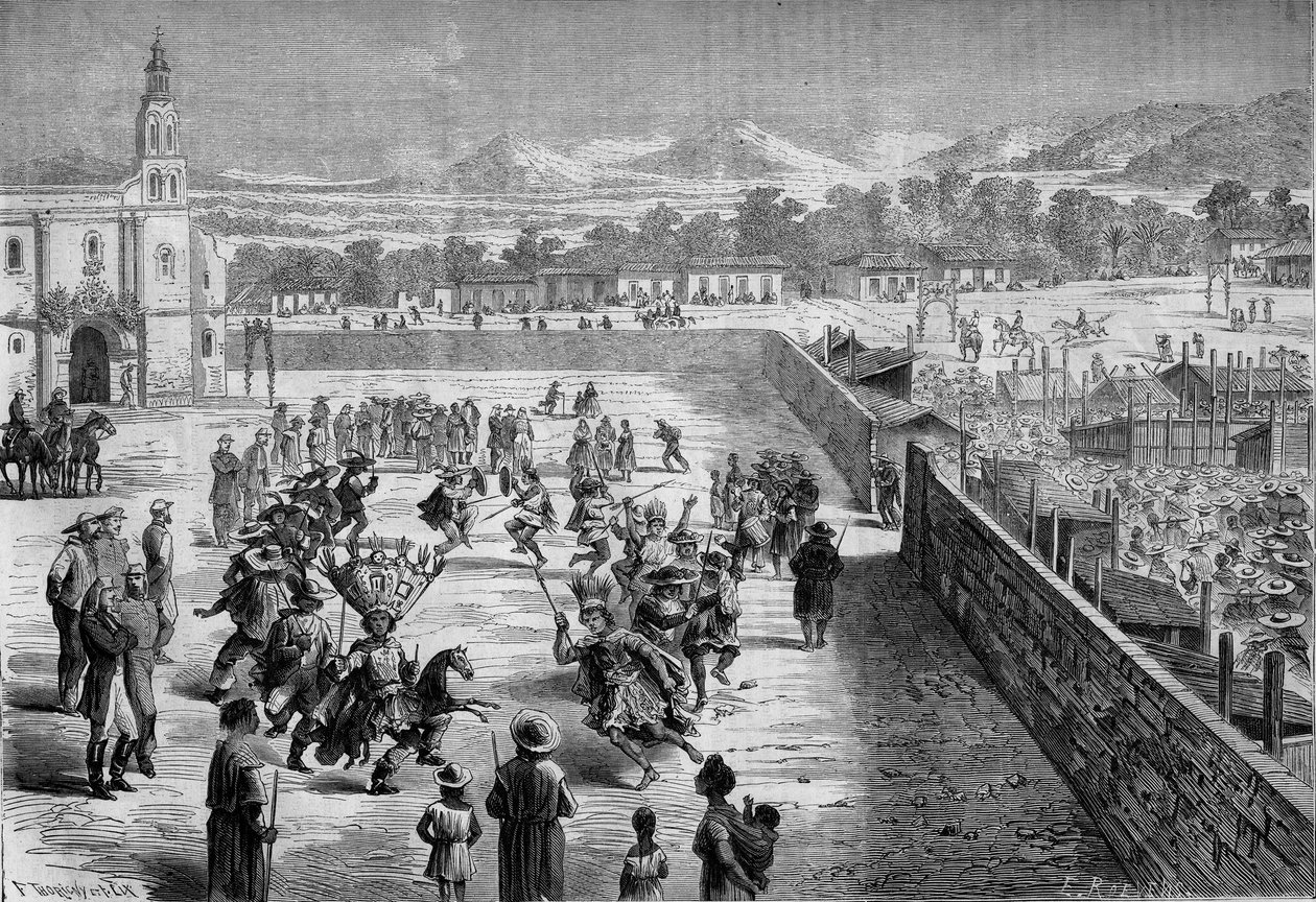 Mexican custom: Indian party and dance in Santa Anna (Mexico) in memory of the conquest of Fernando Cortez. The Mexicans were disgusted as Spanish conquistadors and soldiers of the Aztec army of Montezuma. 1863. Engraving in “” Le Monde Illustré”” n°315 of av Honoré Daumier