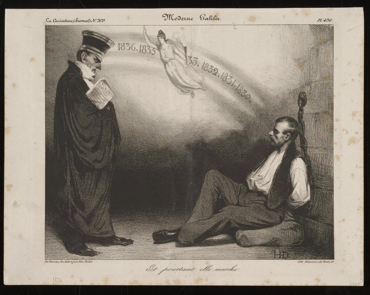 Moderne Galilei, Og likevel beveger hun seg (fra La Caricature) av Honoré Daumier