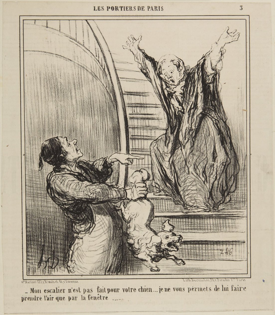 Trappen min er ikke laget for hunden Deres..., nummer 3 fra serien Portnerne i Paris fra Le Charivari av Honoré Daumier