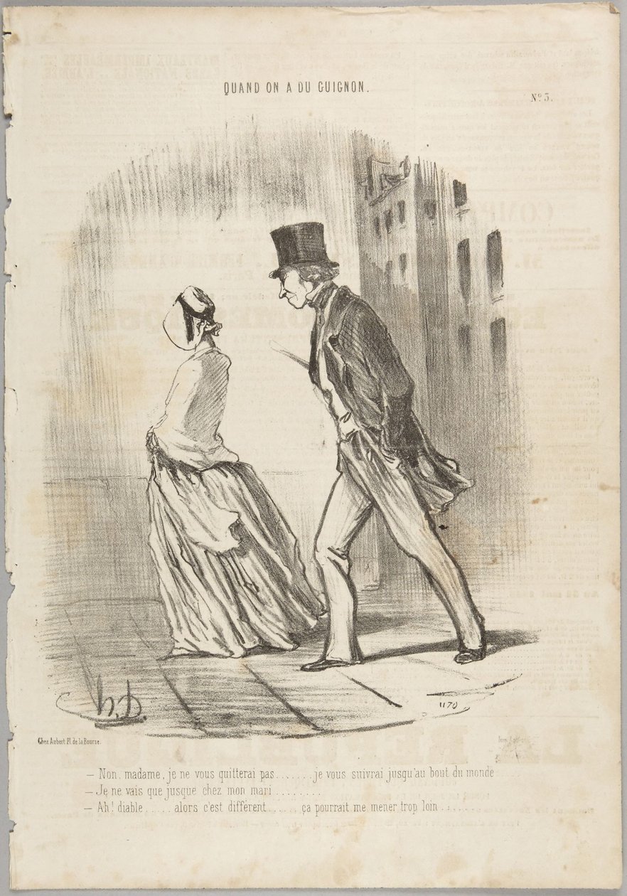 Nei, frue, jeg skal ikke forlate Dem..., nummer 3 fra serien Når man har uhell fra Le Charivari av Honoré Daumier