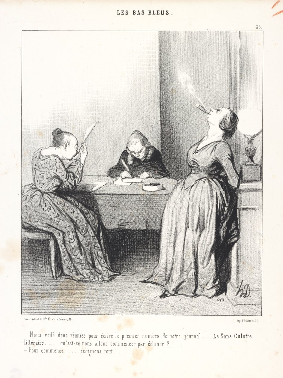 Her er vi altså samlet for å skrive første nummer av avisen vår... Le Sans Culotte littéraire... hva skal vi begynne med å rive i stykker?... Til å begynne med... river vi alt i stykker! av Honoré Daumier
