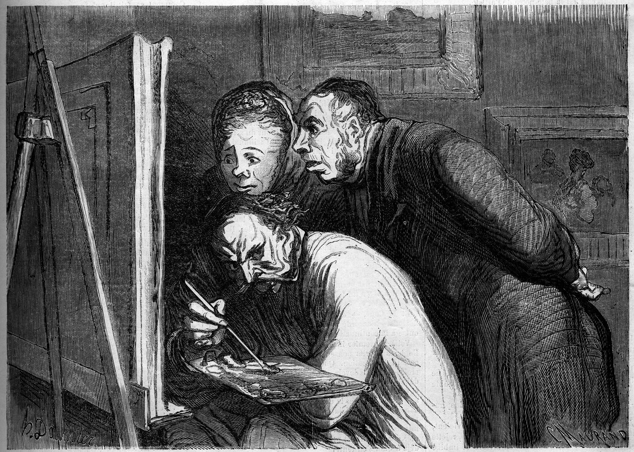 Malere og borgerlige. Tegneserie av Honore Daumier (1808-1879). Gravering i "" Le Monde Illustré"" nr. 262 av 19. april 1862. av Honoré Daumier