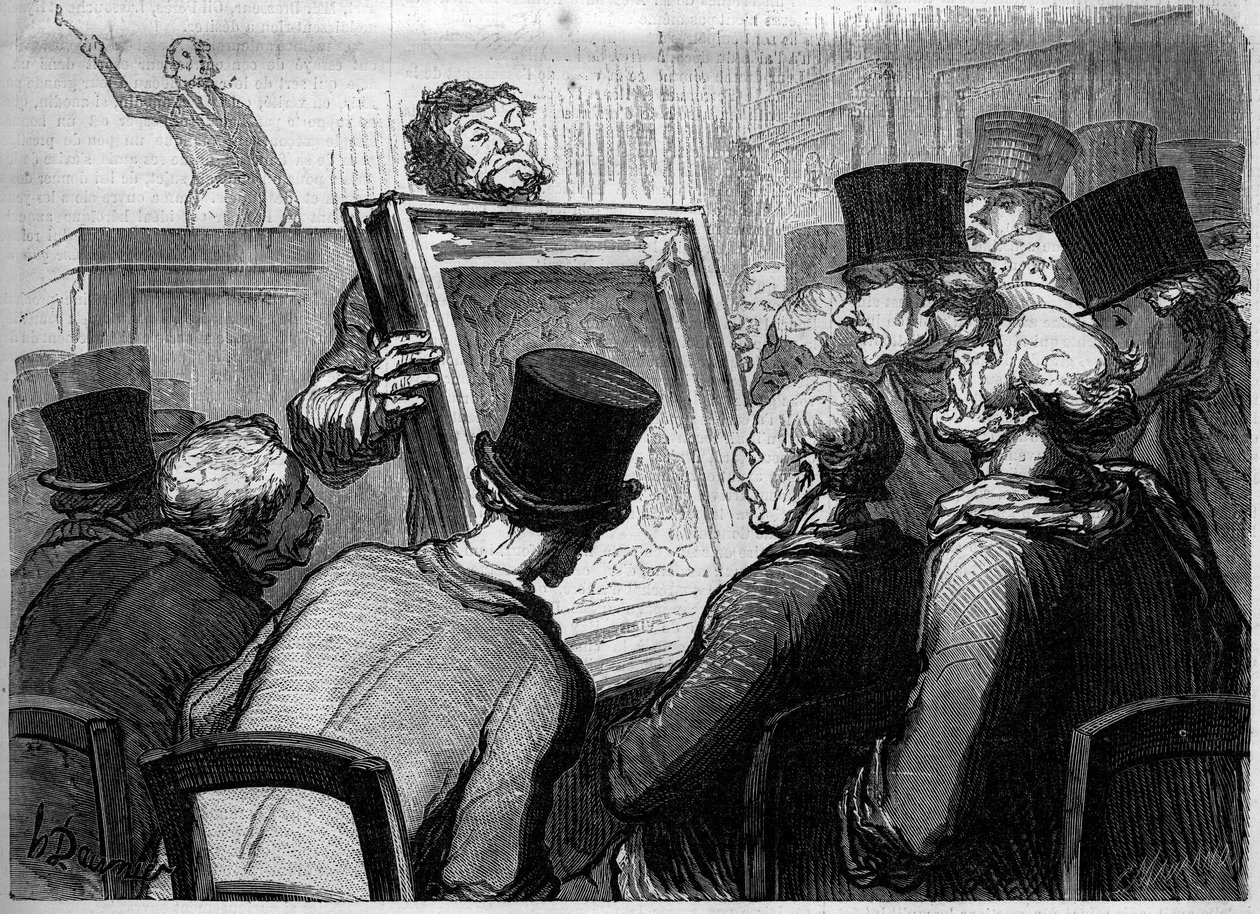 Malerielskere på Hotel Bouillon. Tegneserie av Honore Daumier (1808-1879). Gravering i «Le Monde Illustré» nr. 250 av 25. januar av Honore Daumier