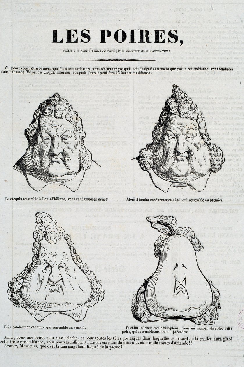 Pærer: Karikatur som representerer en metamorfose av Louis Philippes ansikt i pære. Tegning av Honore Daumier (1808-1879) etter originaltegningen av Charles Philippon (1806-1862) "" La Caricature"", januar 1832 Paris, Musee Carnavalet av Honoré Daumier