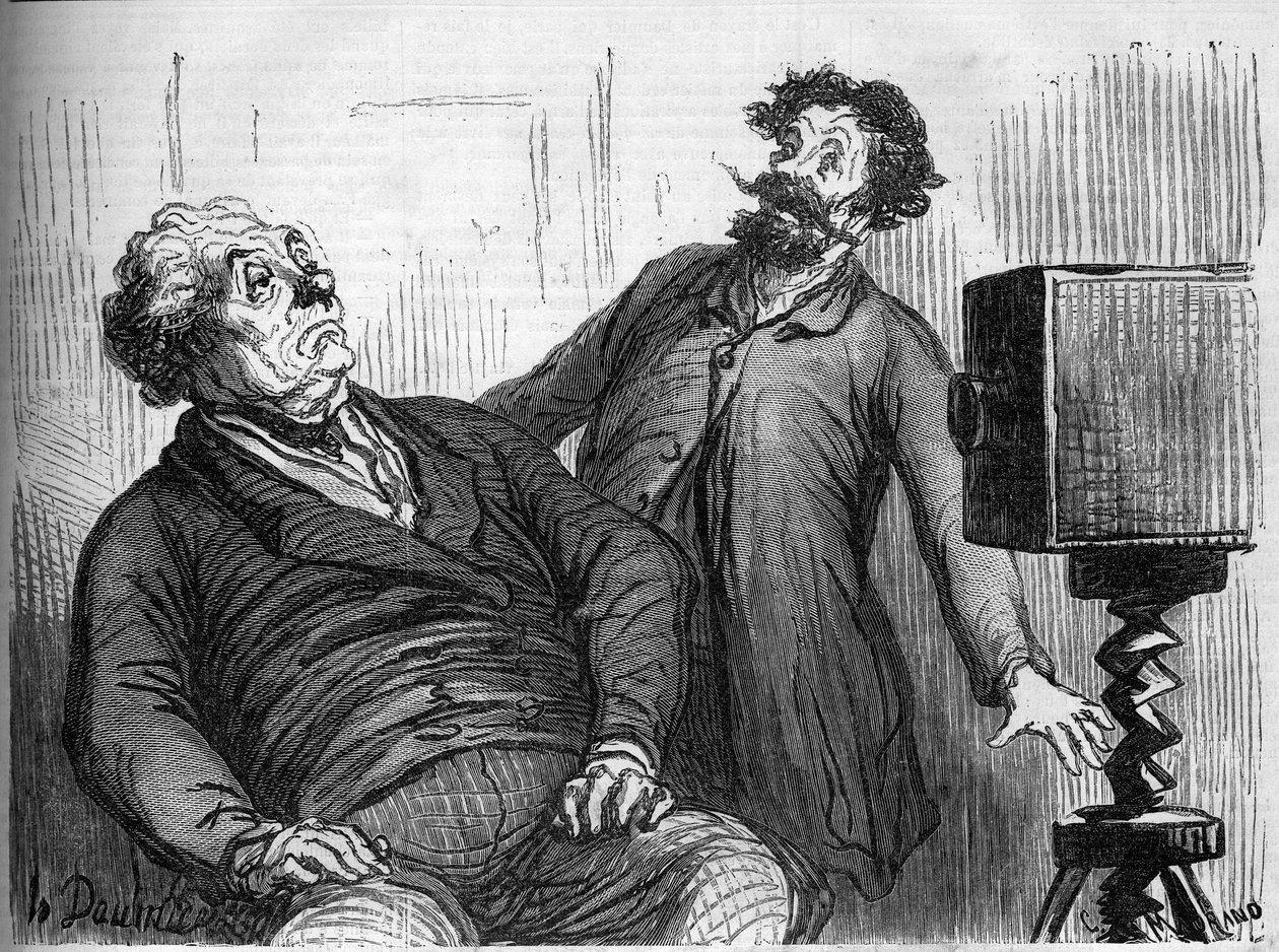 Fotografer og fotografier. Tegneserie av Honore Daumier (1808-1879). Gravering i "" Le Monde Illustré"" n¡259 av 29. mars 1862. av Honoré Daumier