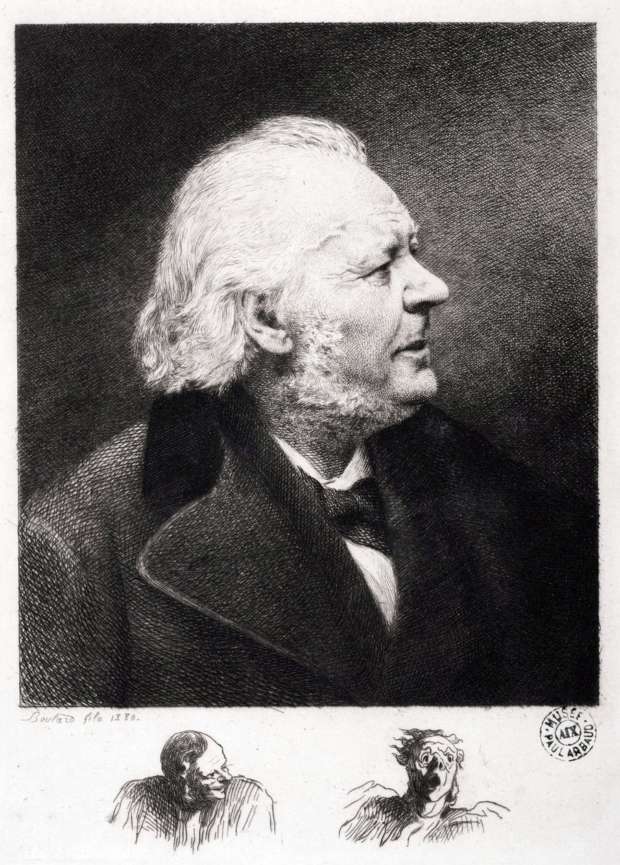 Portrett av Honore Daumier (1808-1879), fransk gravør, maler og skulptør. Gravering av sønn Boulard av Honoré Daumier