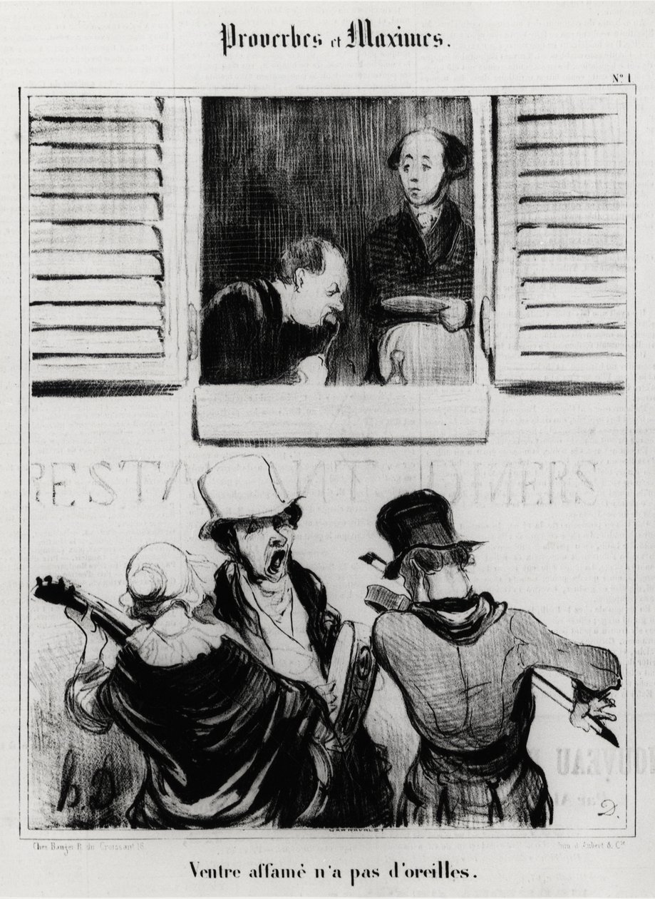 Ordtak og ordtak: sulten mage har ingen ører. Illustrasjon av Honore Daumier (1808-1879). Karikatur fra 1800-tallet, Musee Carnavalet, Paris. av Honoré Daumier