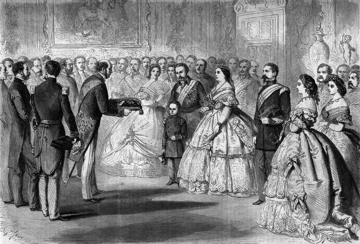 Dronning Isabella II av Spania (Isabella av Bourbon) (1830-1904) mottok den store snoren til Æreslegionen i navnet til sønnen, prinsen av Asturias. Tilstede er: Napoleon III (1808-1873) og Prince Imperial (1856-1879) av Honoré Daumier