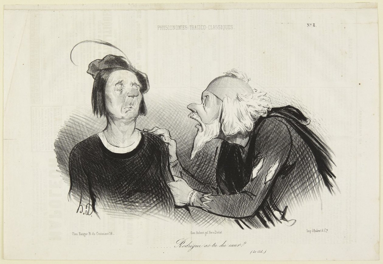 «Rodrigue, har du mot?», nummer 8 fra serien Tragisk-klassiske fysiognomier fra Le Charivari av Honoré Daumier