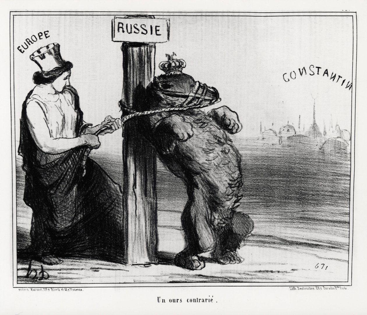 Russland: en bjørn opprørt (av Europa). I mars 1854 dannet Frankrike og England en allianse med Tyrkia mot Russland Illustrasjon av Honore Daumier (1808-1879), publisert i nyhetene "Charivari" av Honoré Daumier