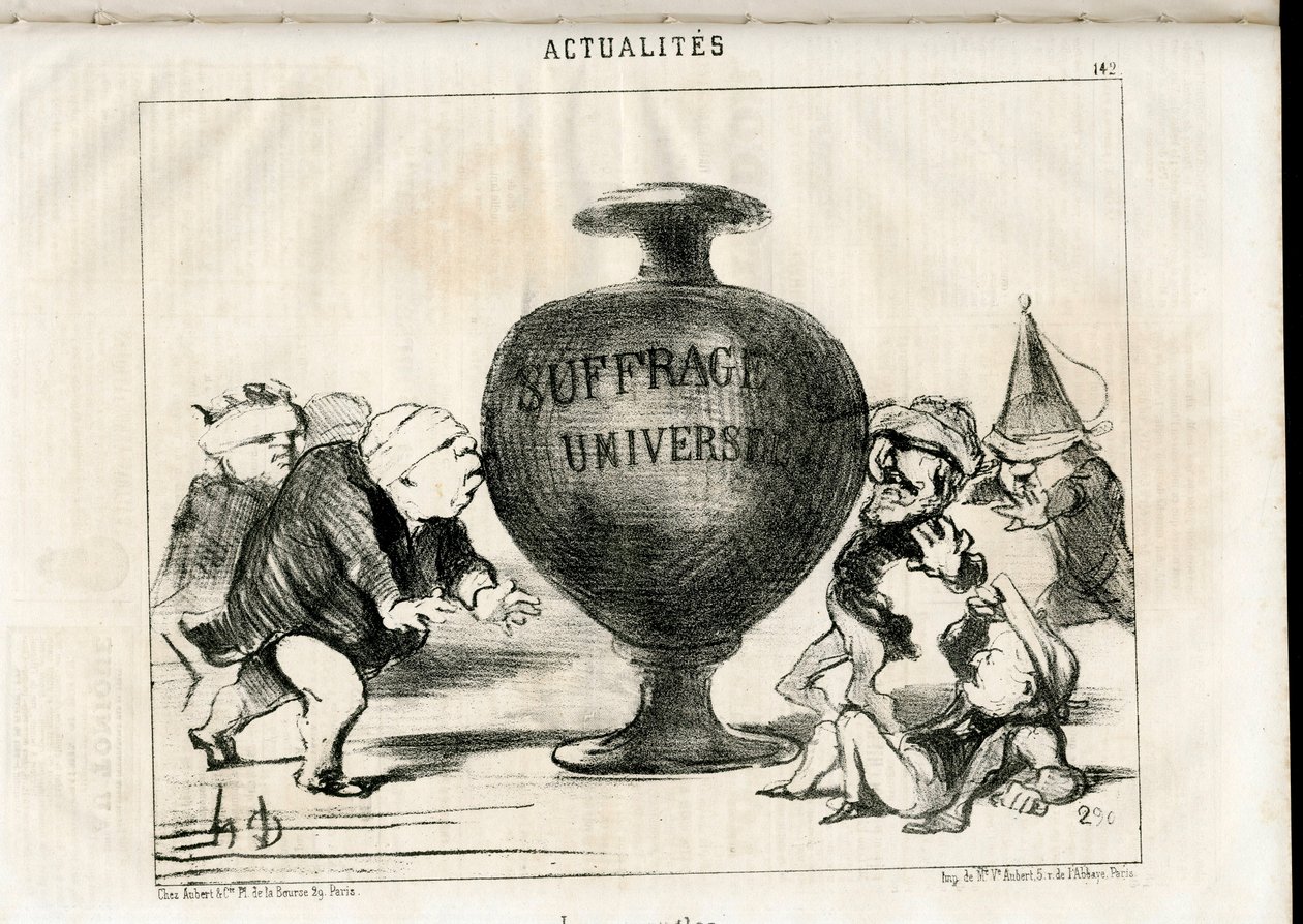 Satirisk i N & B: Nyheter - Republikkens president, universell stemmerett - Third Adolphe, Montalembert Charles de (1810-1870), Louis Matthew Mole (1781-1855), Dupin Andre-Marie, dit Dupin aine (1783-1865) - Illustrasjon av Honore Daumier (1808-1879) av Honoré Daumier